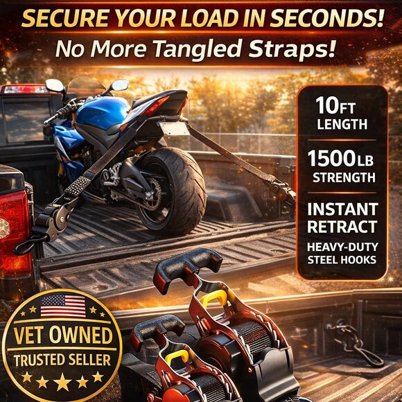 Heavy Duty Retractable Ratchet Straps (2-Pack) – Truck, Trailer and Garage Tool - Picture 9 of 16